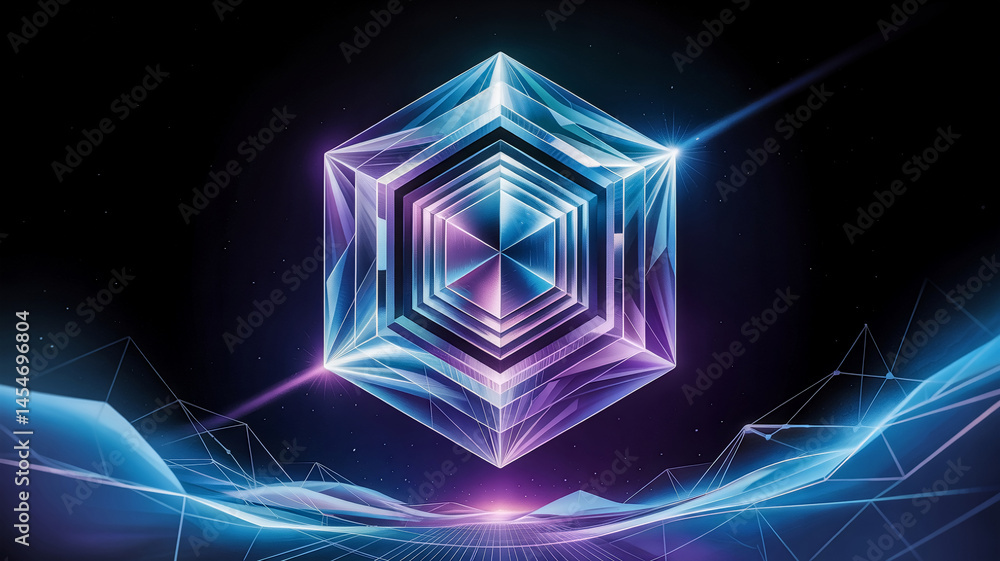 Poster abstract geometric crystal with network lines on a dark background.