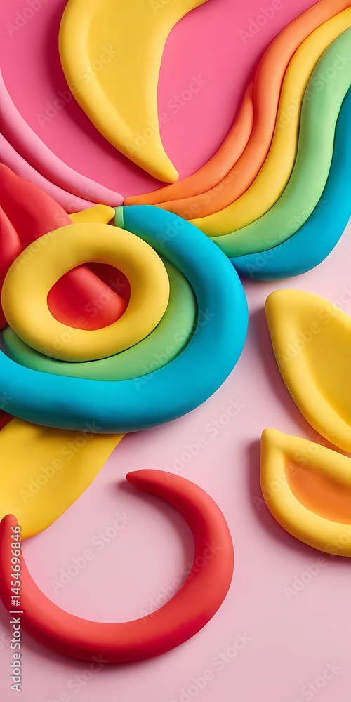 Poster brightly colored modeling clay swirls and shapes intertwine on a smooth pink surface, showcasing cre