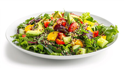 A colorful and healthy salad with avocado, quinoa, and fresh vegetables on a white plate.