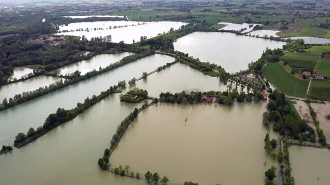Aerial view of the Secchia river: emergency flood flooding disaster of 05/13/2019 near Campogalliano, Modena - Italy