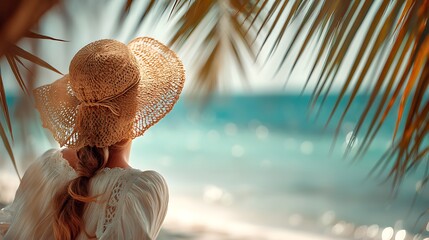 A woman from behind on a tropical beach, her straw hat tilted gently in the breeze, light blouse fluttering, standing on the soft white sand, palm fronds framing the scene