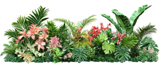 Tropical plants with pink and red flowers create bright and lush garden scene