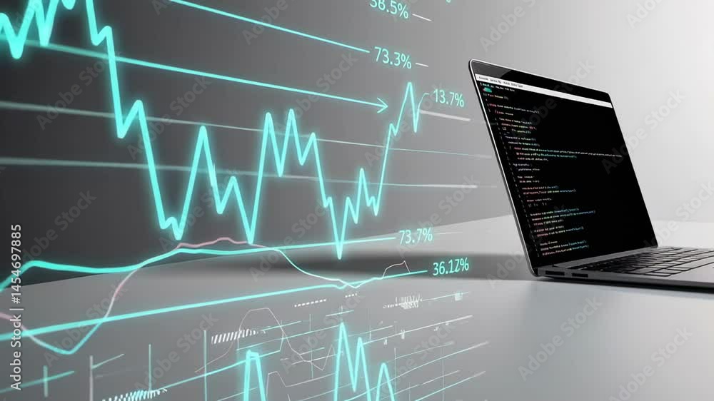 Poster Dynamic financial data visualization displaying growth and decline percentages with code loaded laptop screen representing technological analysis of market trends