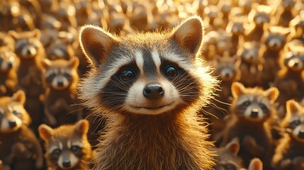 Adorable raccoon surrounded by its family.  A heartwarming depiction of a family