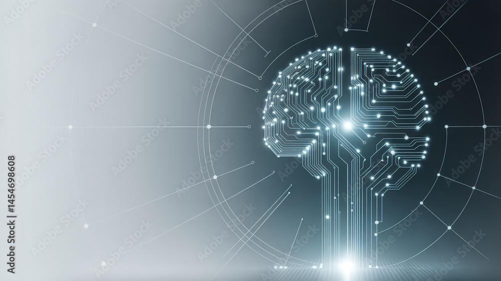 Poster digital brain with circuit board design, artificial intelligence.