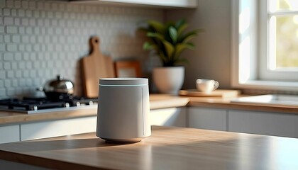Smart Speaker on Modern Kitchen Counter with Minimalist Home Interior