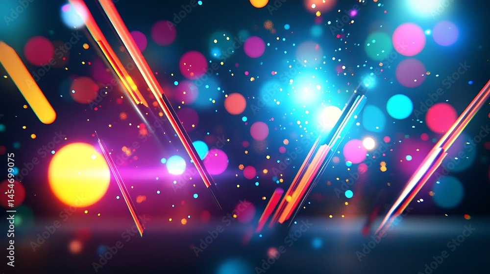 Poster vibrant abstract background with colorful light streaks and bokeh effects creating a festive atmosph
