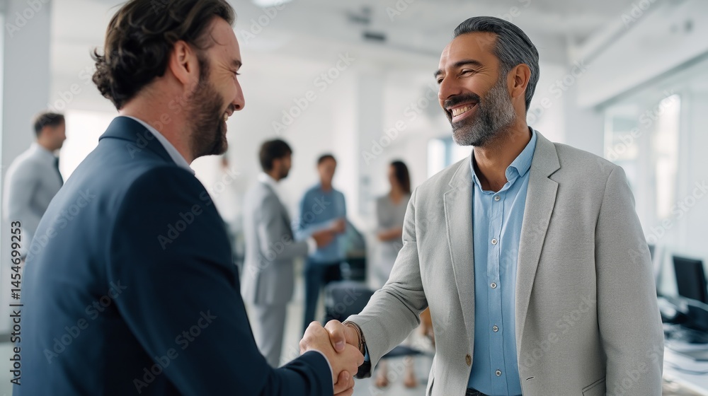 Poster two businessmen shake hands in a bright, modern office during a networking event, exchanging smiles 