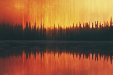 Fototapeta premium Fiery sunset reflected in a calm lake, silhouetted by a dark pine forest.