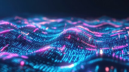 Glowing waves with blue and pink digital data points