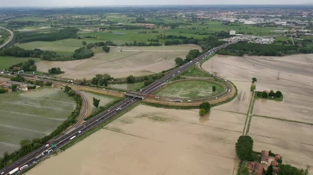 Aerial view of the Secchia river: emergency flood flooding disaster of 05/13/2019 near Campogalliano, Modena - Italy
