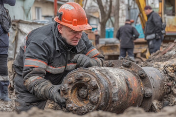 emergency services, the repair team provides safety during the replacement of pipes, old communications are changed to new ones, the gas pipeline, the old and rusted water pipe with dirty gates