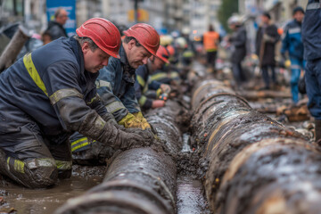emergency services, the repair team provides safety during the replacement of pipes, old communications are changed to new ones, the gas pipeline, the old and rusted water pipe with dirty gates