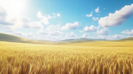 Naklejka premium A vast golden wheat field under a blue sky with clouds