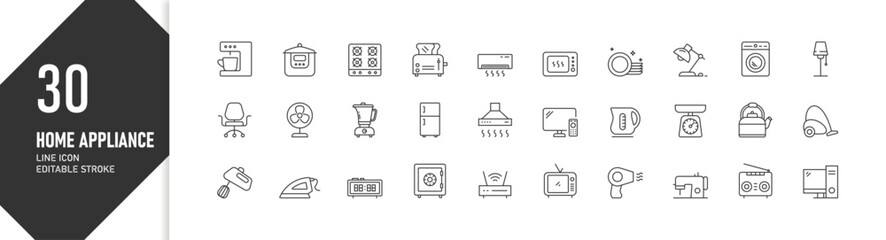 30 Home Appliances in Minimal Line Style Icon Set for UI/UX, Editable Stroke, Home Icon Collection
