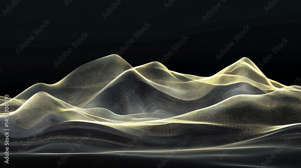 Poster abstract representation of flowing mountains with soft light and shadows, creating a serene atmosphe