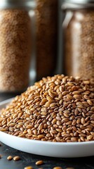 Obraz premium Golden seeds piled high on dish, jars filled behind
