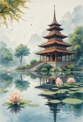 Obraz premium Serene Pagoda by the Lake A Peaceful Asian Landscape