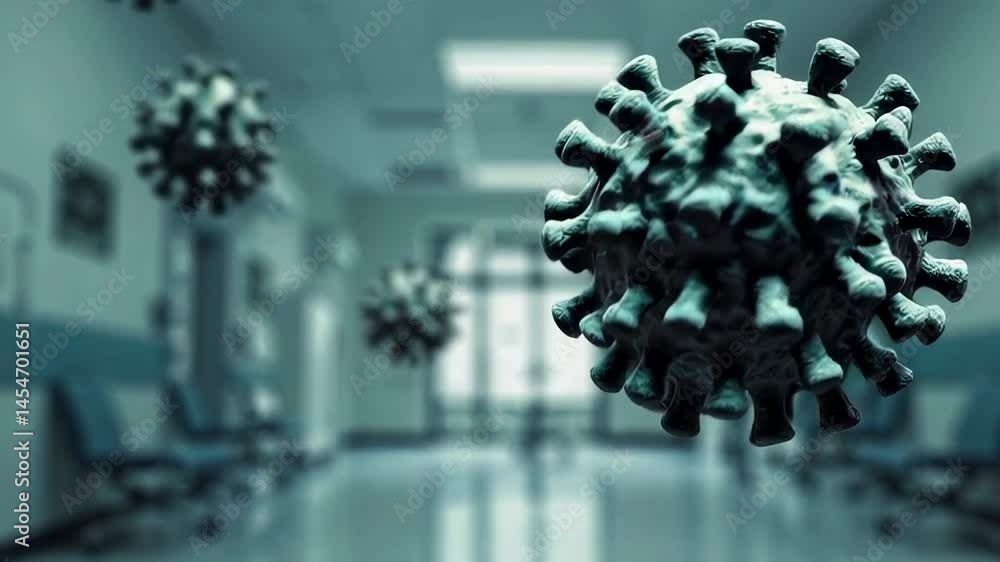 Poster virus particles float menacingly through a sterile hospital corridor. representing the spread of con