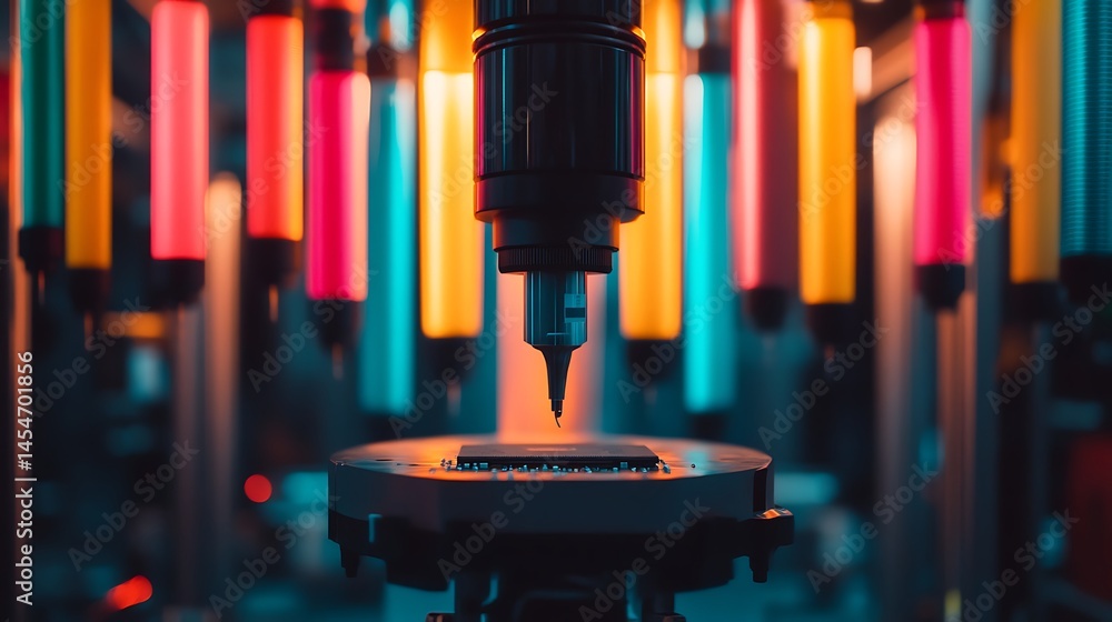 Poster high-tech pen-like device poised above a circular platform illuminated by colorful lights in a lab
