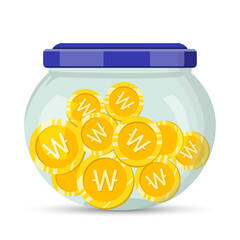 Glass jar with won coins save money vector illustration concept. Save money, Coin jar.