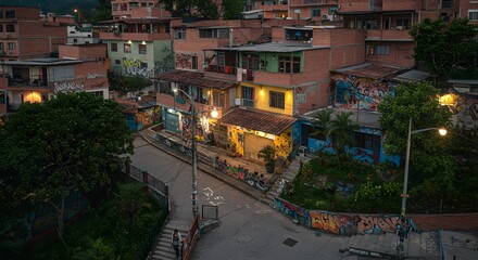 Obraz premium Cityscape in Colombia at Dusk with Brick Buildings and Graffiti