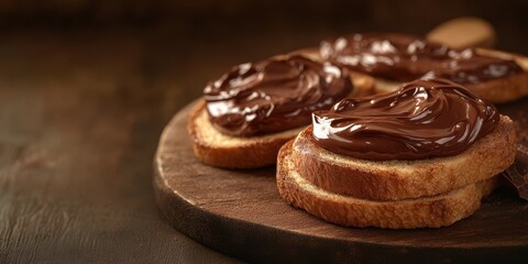 Sweet breakfast treat with chocolate spread on toasted bread served on a wooden board