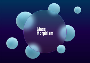 Large glass-style circle with translucent blur and glowing cyan spheres over a deep blue to purple gradient background, futuristic clean vector design.