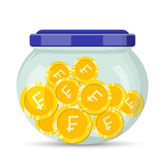 Glass jar with franc coins save money vector illustration concept. Save money, Coin jar.