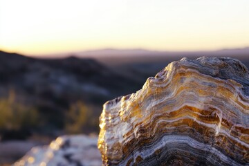 Sunset illuminates layered rock formation in a desert landscape, showcasing natural beauty and texture.