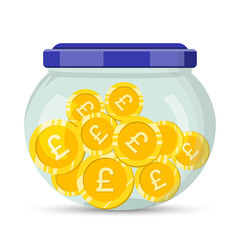 Glass jar with pound coins save money vector illustration concept. Save money, Coin jar.