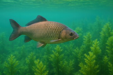 Fototapeta premium A fish swimming in clear water with algae.