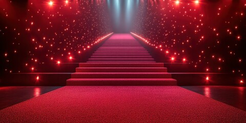 Elegant red carpet stairs adorned with bright lights create a glamorous atmosphere for events or performances at night