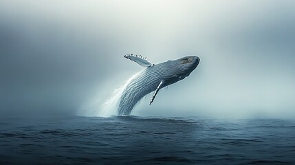 Fototapeta premium Humpback whale breaching ocean surface with gray-blue sky and sea.
