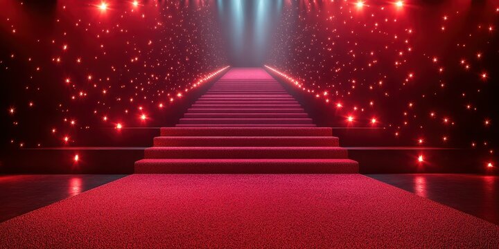 Elegant red carpet stairs adorned with bright lights create a glamorous atmosphere for events or performances at night