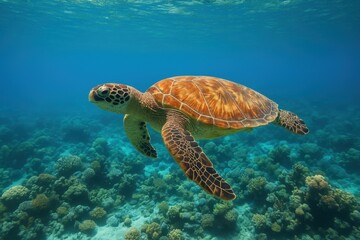 Fototapeta premium A sea turtle swimming among clear water and coral