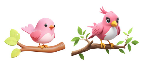 3d rendering pink bird perched on a branch with green leaves cartoon characters isolated on transparent background, PNG file add