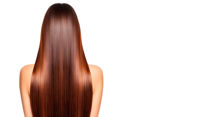 Back view of a woman with long, shiny brown hair on a white background