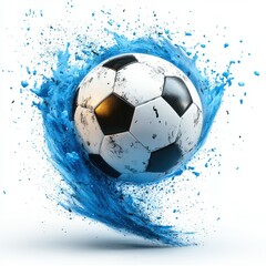 Dynamic soccer ball splashes vibrant blue paint while in motion, showcasing energy and excitement in sports