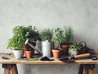 Rustic gardening still life featuring plants, tools and potting accessories