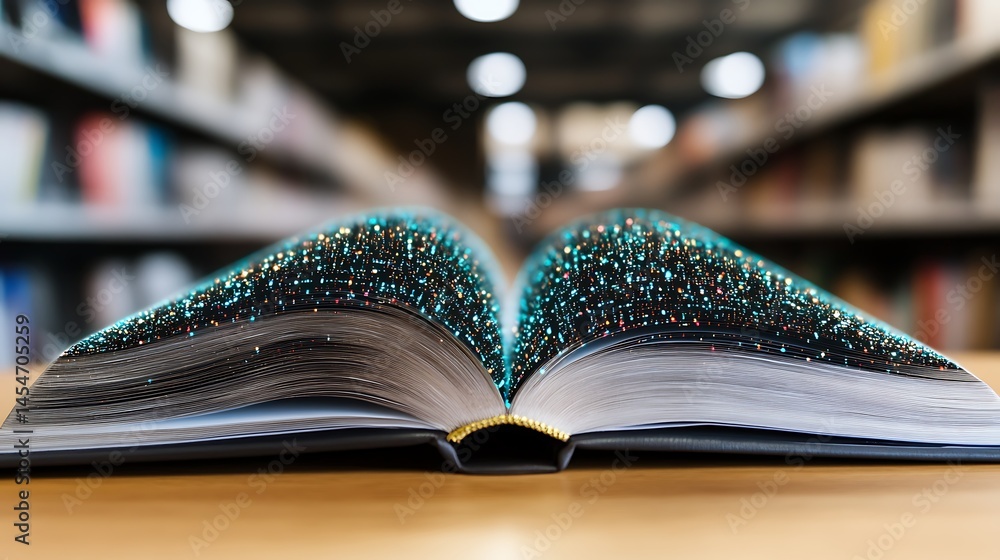 Poster open book with shimmering pages resting on a wooden table in a library filled with colorful books