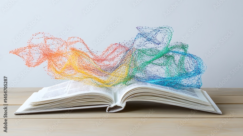 Poster an open book on a wooden table with colorful abstract waves emerging from its pages, symbolizing cre