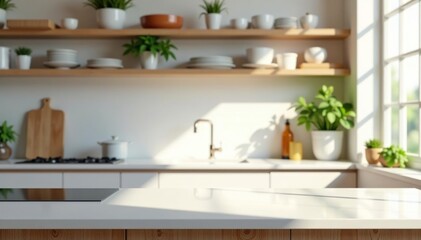 Sparkling clean kitchen counter, organized shelves, interior, spray, hygiene