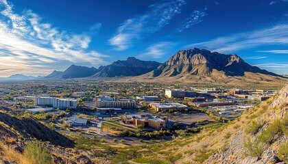 Panoramic city nestled at mountain foot under clear blue sky with wispy clouds.