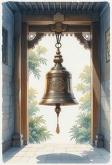 Obraz premium Serene Bronze Bell in Tranquil Courtyard