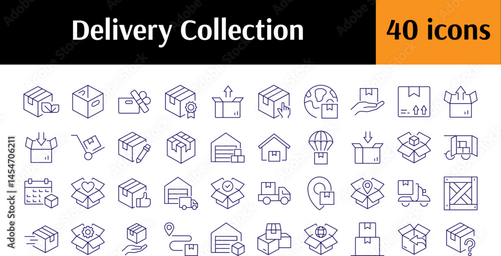 Poster set of line icons of box, transportation, delivery. minimalistic linear pictogram for web and graphi