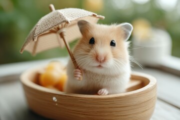 Cute Hamster in a Wooden Boat with Umbrella, Pet Photography, Animals