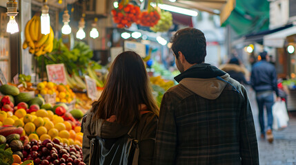 Couple Exploring a Vibrant City Market – Energetic, Colorful, and Culturally Rich Scene