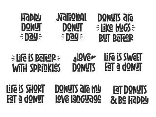 National Doughnut Day Quotes Collection. Happy Donuts Day, Life is Short Eat a Donut Phrases.