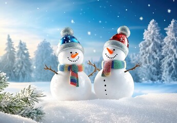 Obraz premium Two snowmen in a snowy forest under a starry sky with bright sunlight.